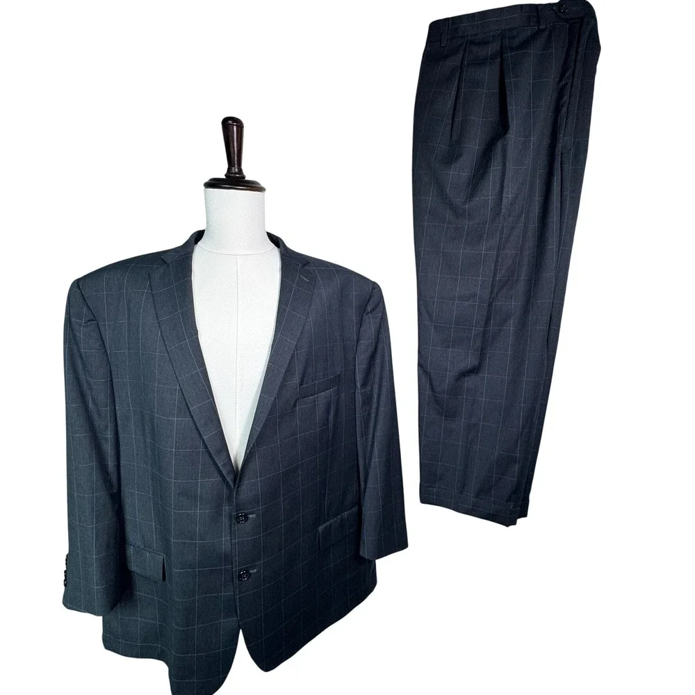 RALPH LAUREN Men's 56R Charcoal Grey Windowpane 2 Piece Wool Suit Blazer Pants